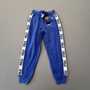 Polo Ralph Lauren Girl Joggers Sweatpants Sz SMALL 7 Logo Stripes Blue $59.5 NEW
